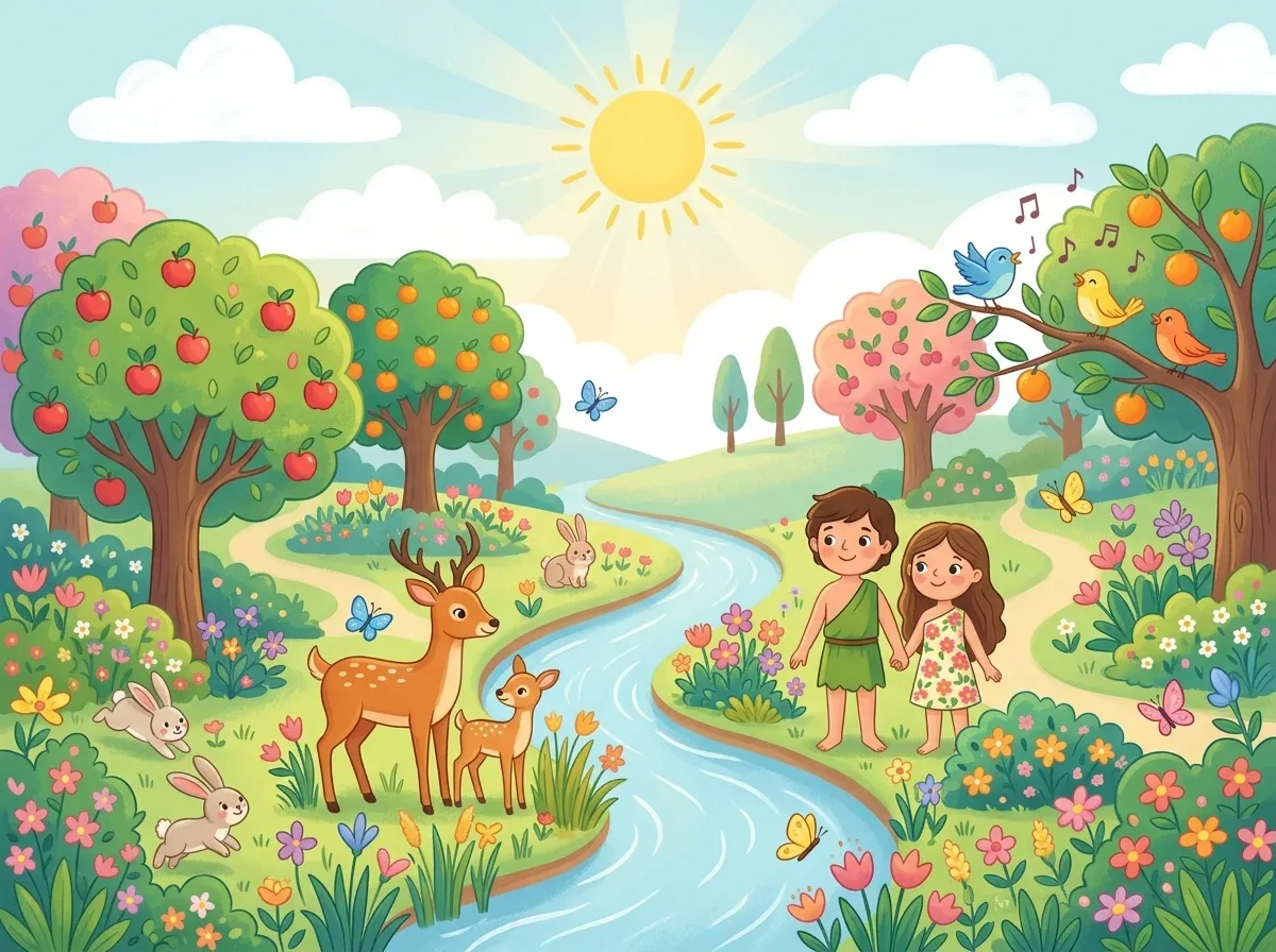 Desenho bíblico para colorir: Adão e Eva no Jardim do Éden