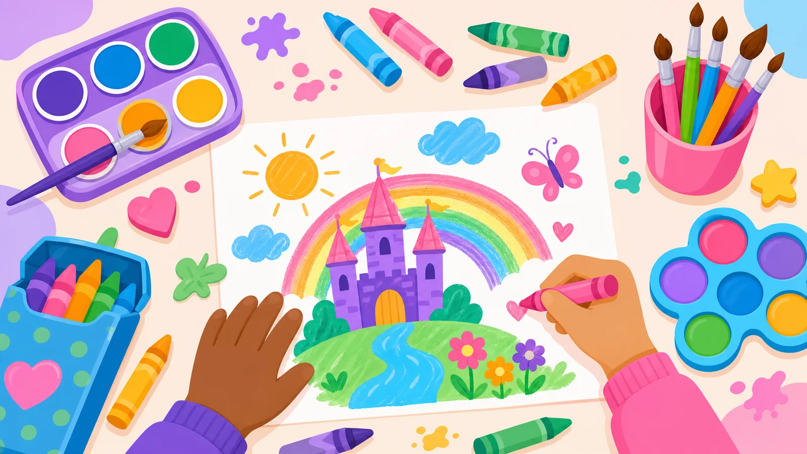 Paleta de tintas, giz de cera coloridos, pincéis e mãos infantis pintando um desenho