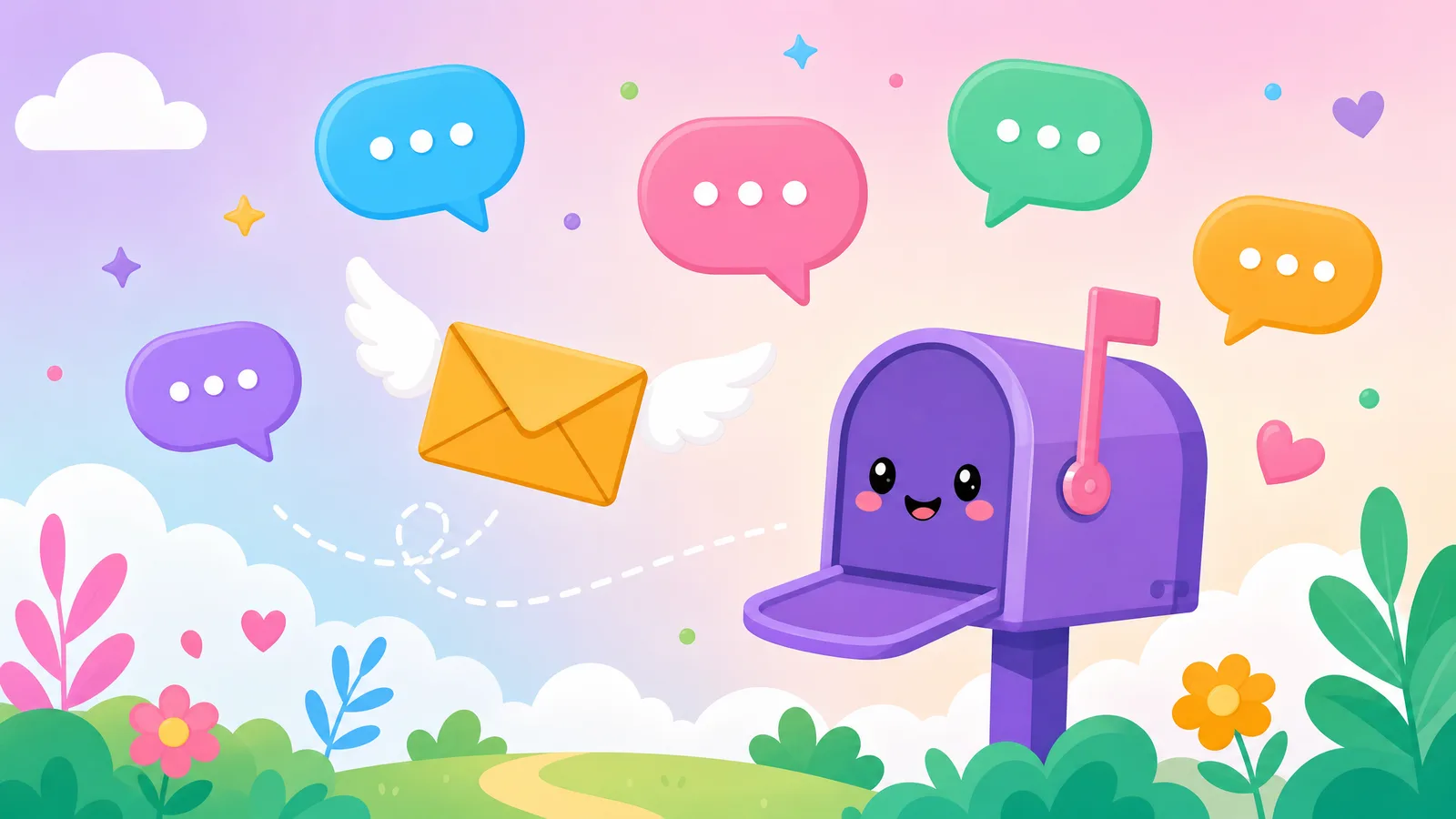 Envelope voando, caixa de correio fofa e balões de conversa