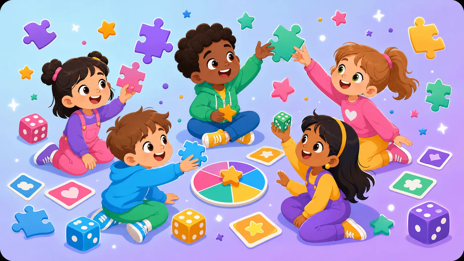 Crianças brincando com quebra-cabeças, dados, cartas de memória e estrelas