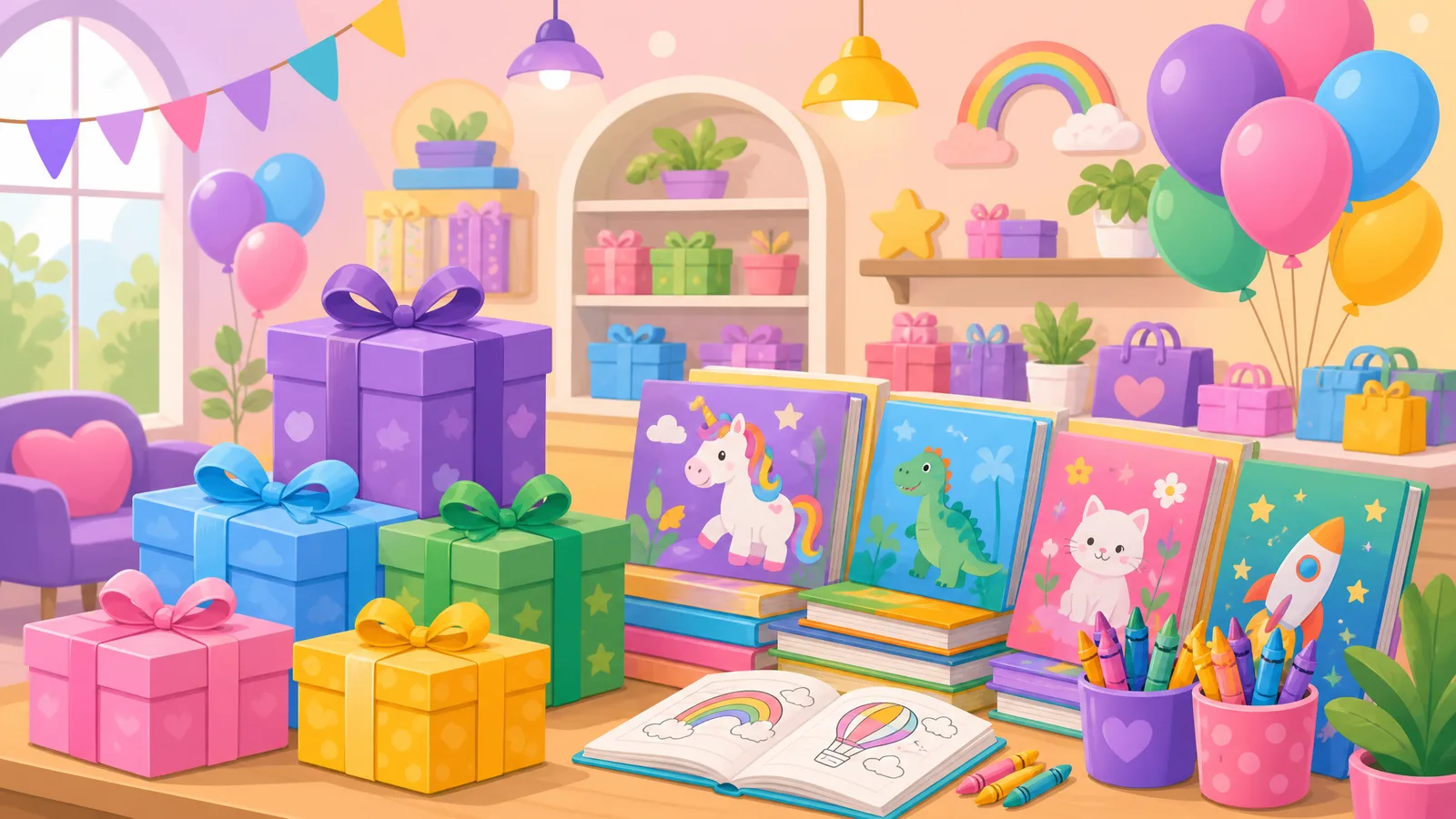 Caixas de presente, livros de colorir, giz de cera e balões em clima festivo